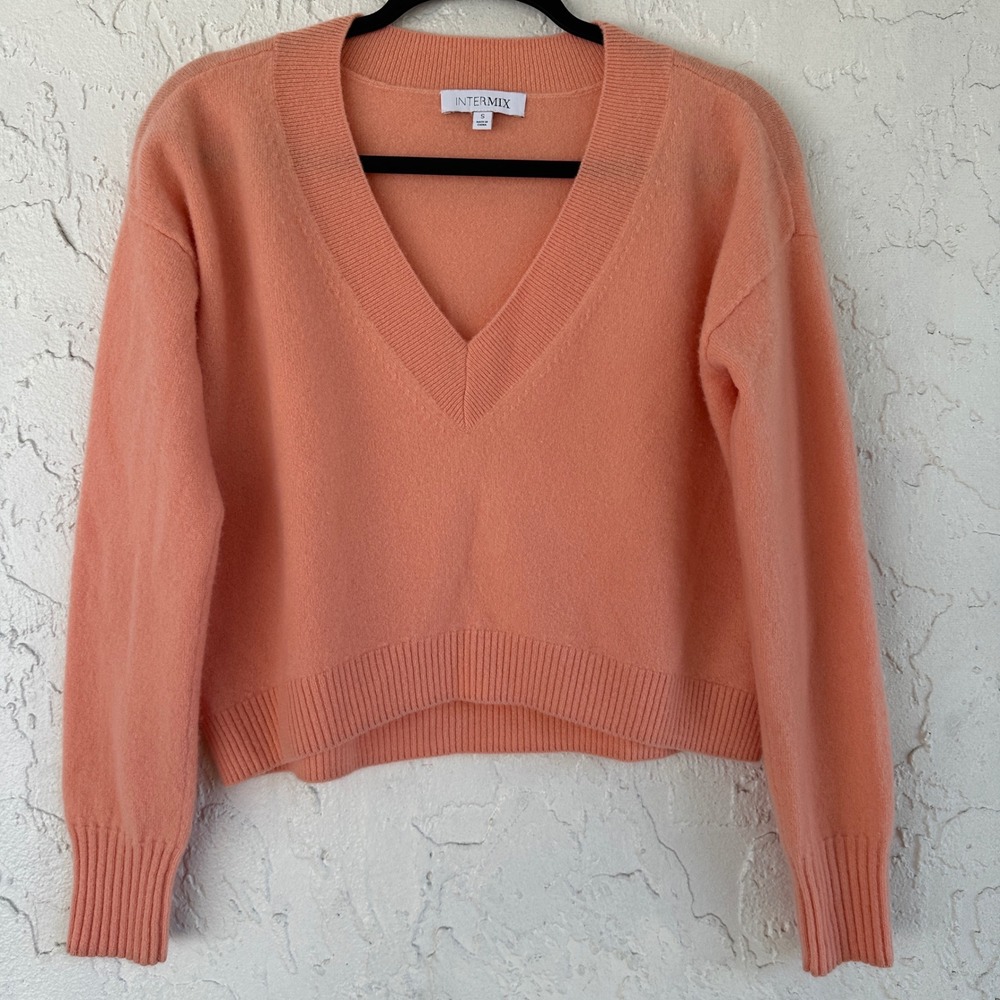 Intermix Womens Peach Cashmere V-Neck Boxy Cropped‎ Pullover Sweater Women Small